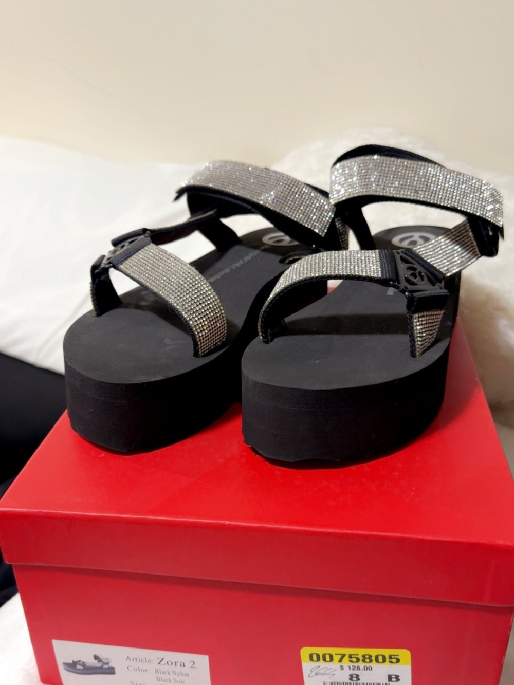 Zora 2 Black Rhinestone Platform Sandals Size 8 Sparkly Flatform Velcro Straps